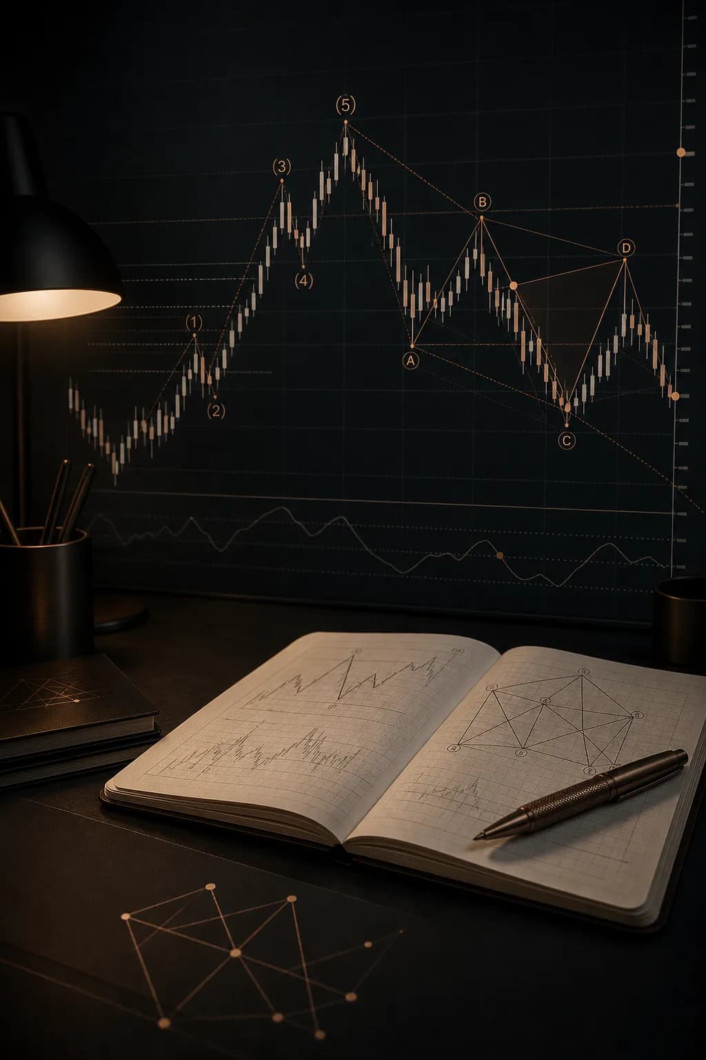 Pricewerk Chartanalyse-Szene mit technischer Marktanalyse auf mehreren Monitoren.